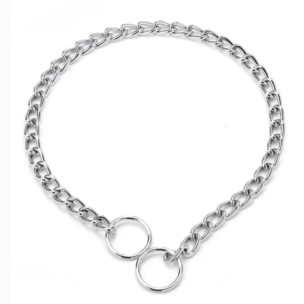 A silver stainless steel slip chain dog collar lying flat.