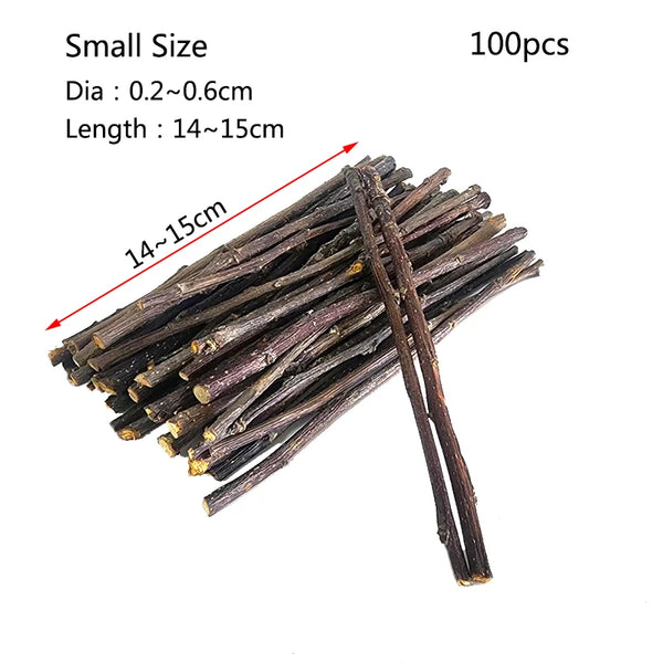 A bundle of natural apple tree chew sticks for small pets, dark brown in color.