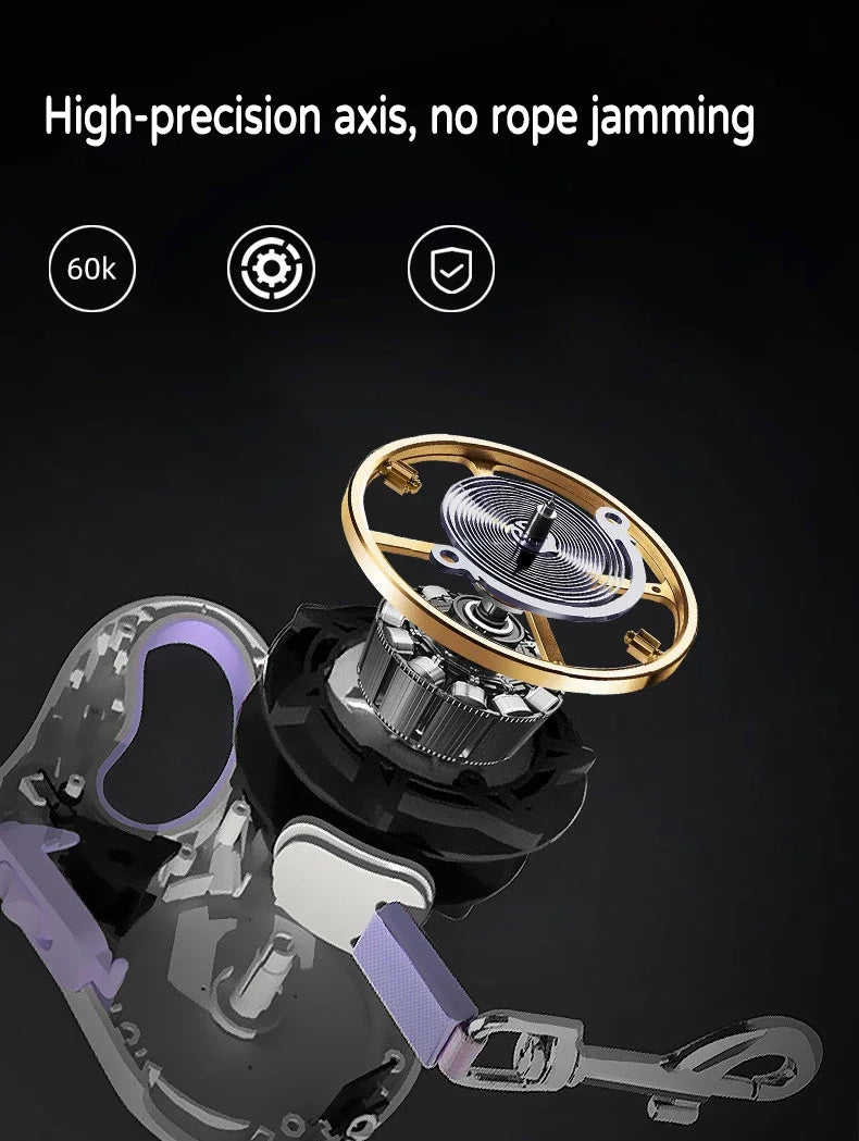 A close-up view of a black LED retractable dog leash with a gold-colored axis mechanism and a purple strap.