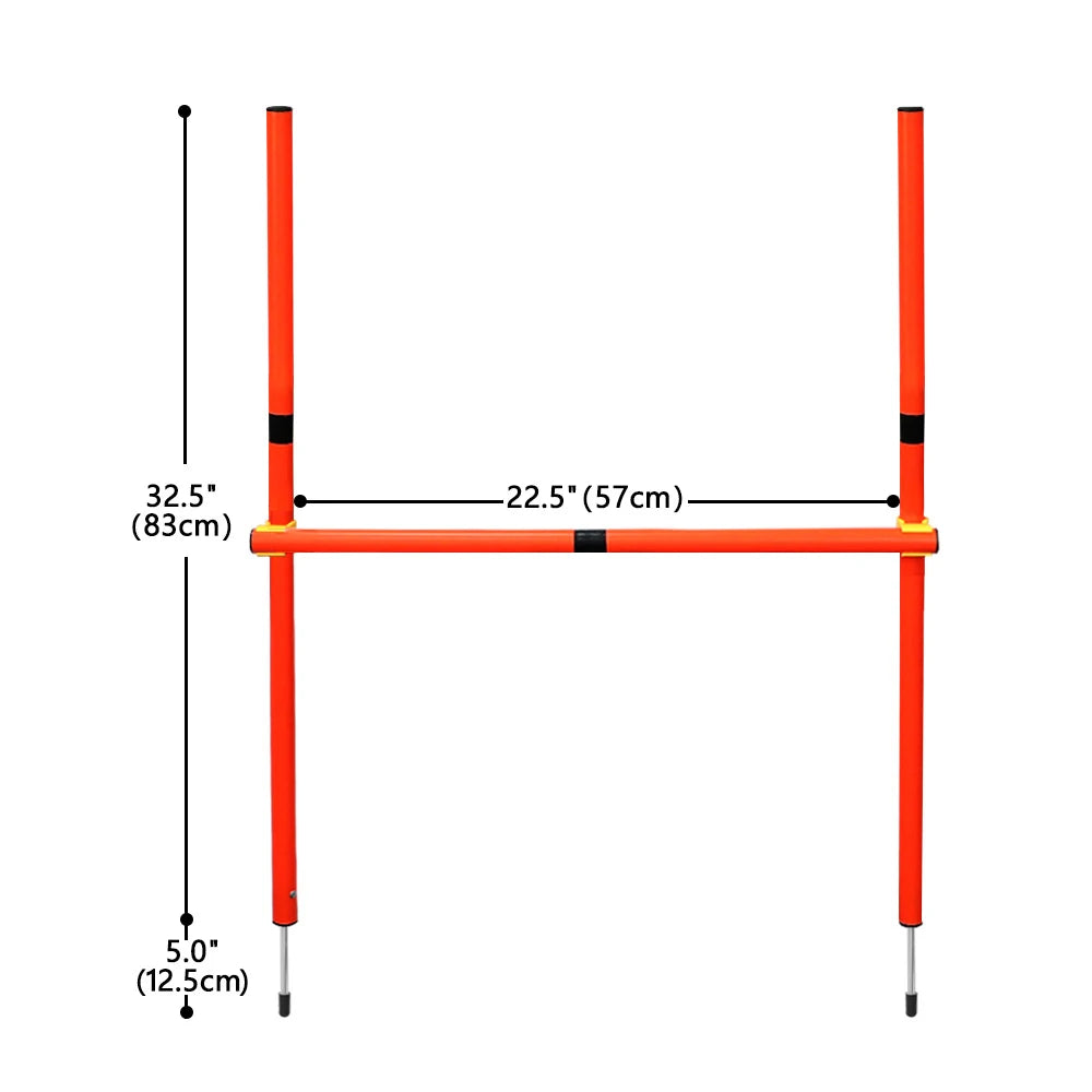 Jeu d'agilité portable pour chien orange, composé d'une barre horizontale et de deux poteaux verticaux.