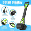 Detail display of a heavy duty pet poop scooper with a long handle showing features like foldability and reinforcement
