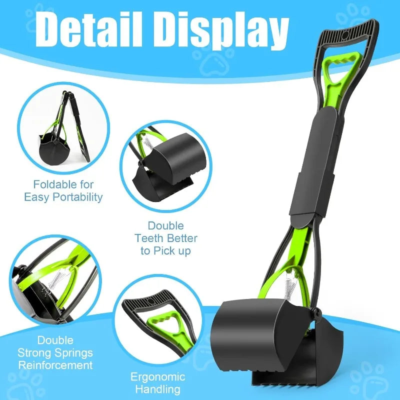 Detail display of a heavy duty pet poop scooper with a long handle showing features like foldability and reinforcement