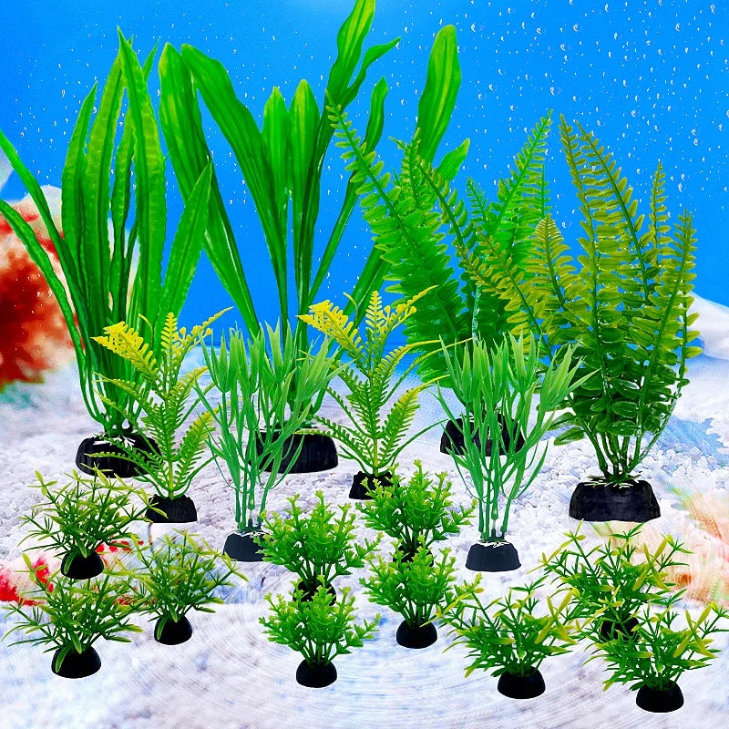 A collection of 18 artificial aquarium plants in small plastic pots set against a snowy background.