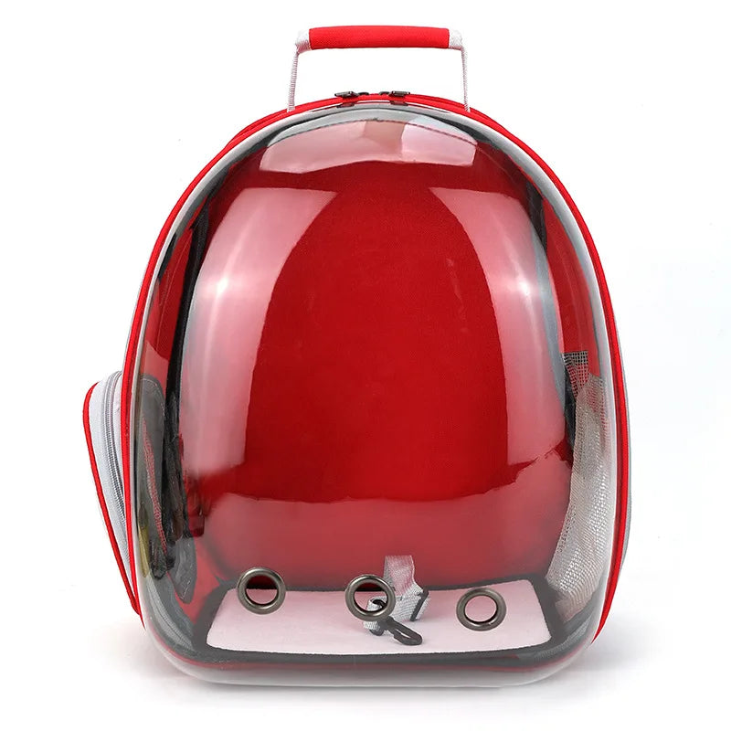 A red portable transparent pet backpack designed for dogs and cats.