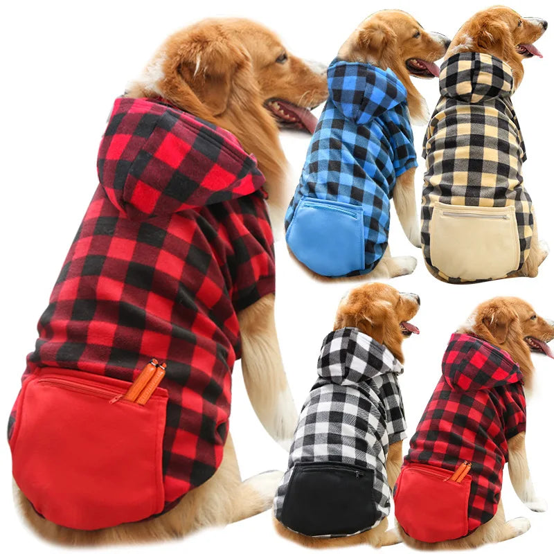 A collection of dog jackets featuring red and black plaid patterns with blue and yellow fleece linings.