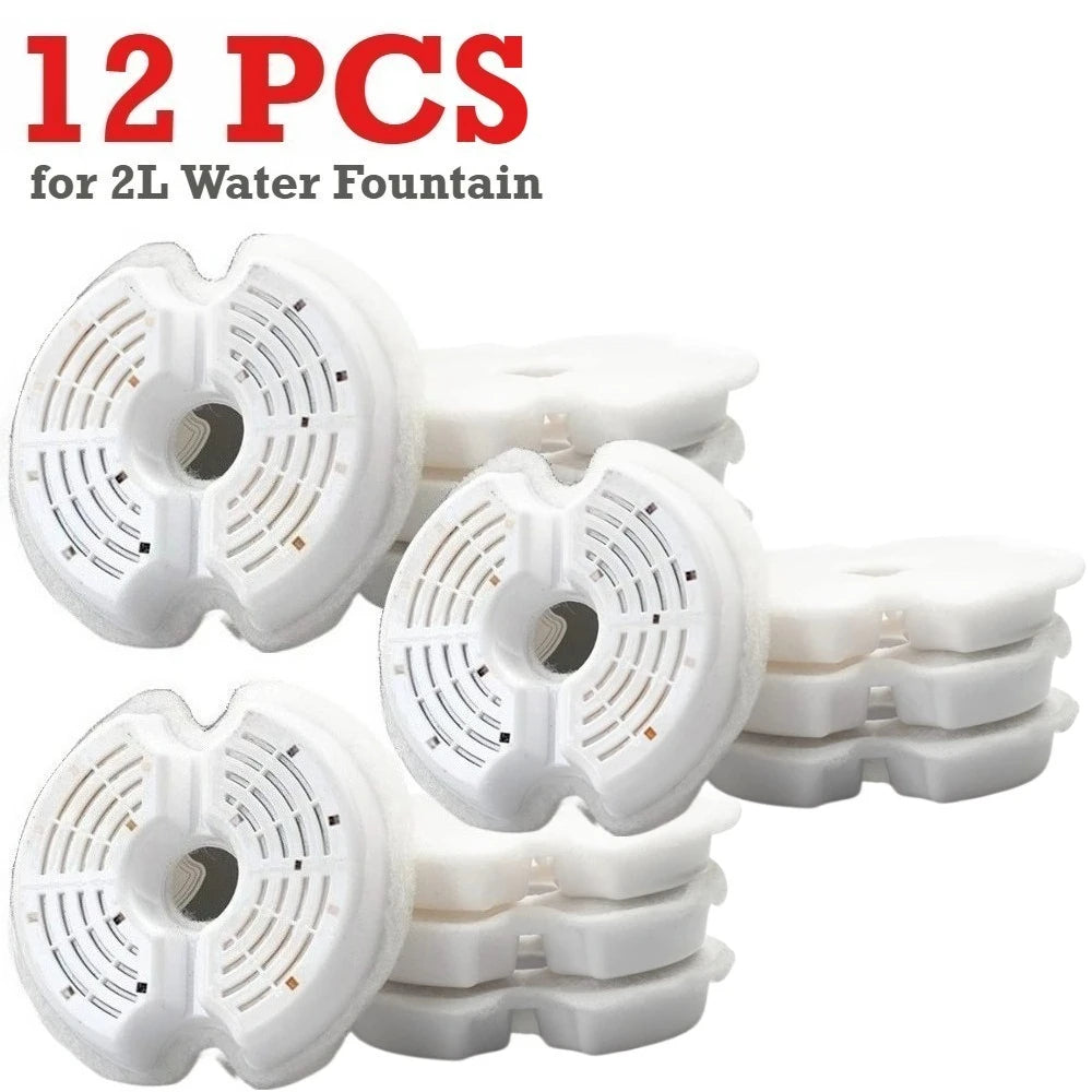 Twelve replacement filters for a 2L water fountain, shown in various stacked and individual forms.