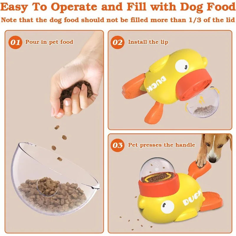 Instructions pour remplir et utiliser un jouet distributeur de friandises interactif pour animaux.