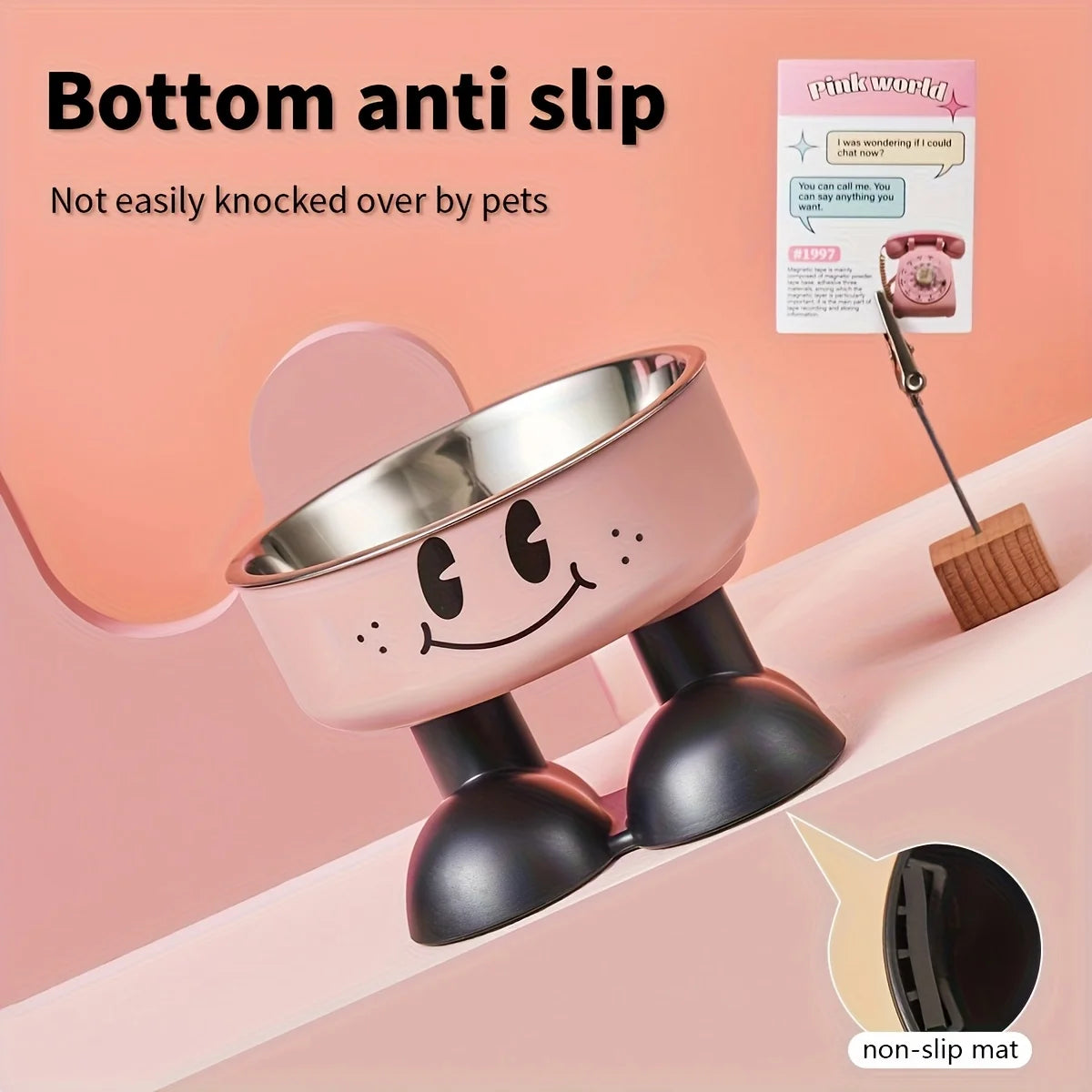 A pink ceramic pet bowl designed as a bottom anti-slip feeder for pets.