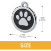 Silver oval pet ID tag with a paw print design and dimensions shown.