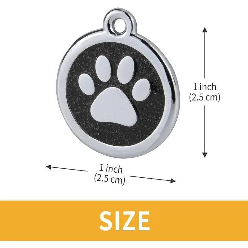 Silver oval pet ID tag with a paw print design and dimensions shown.