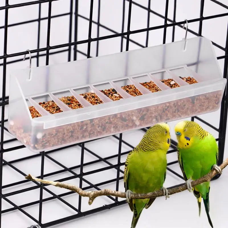 A green budgerigar perched on a branch in a black wire cage with a clear feeder tray.