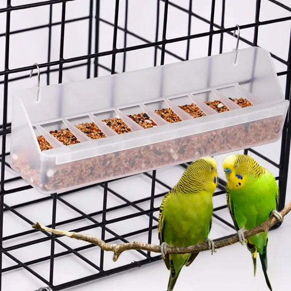 A green budgerigar perched on a branch in a black wire cage with a clear feeder tray.