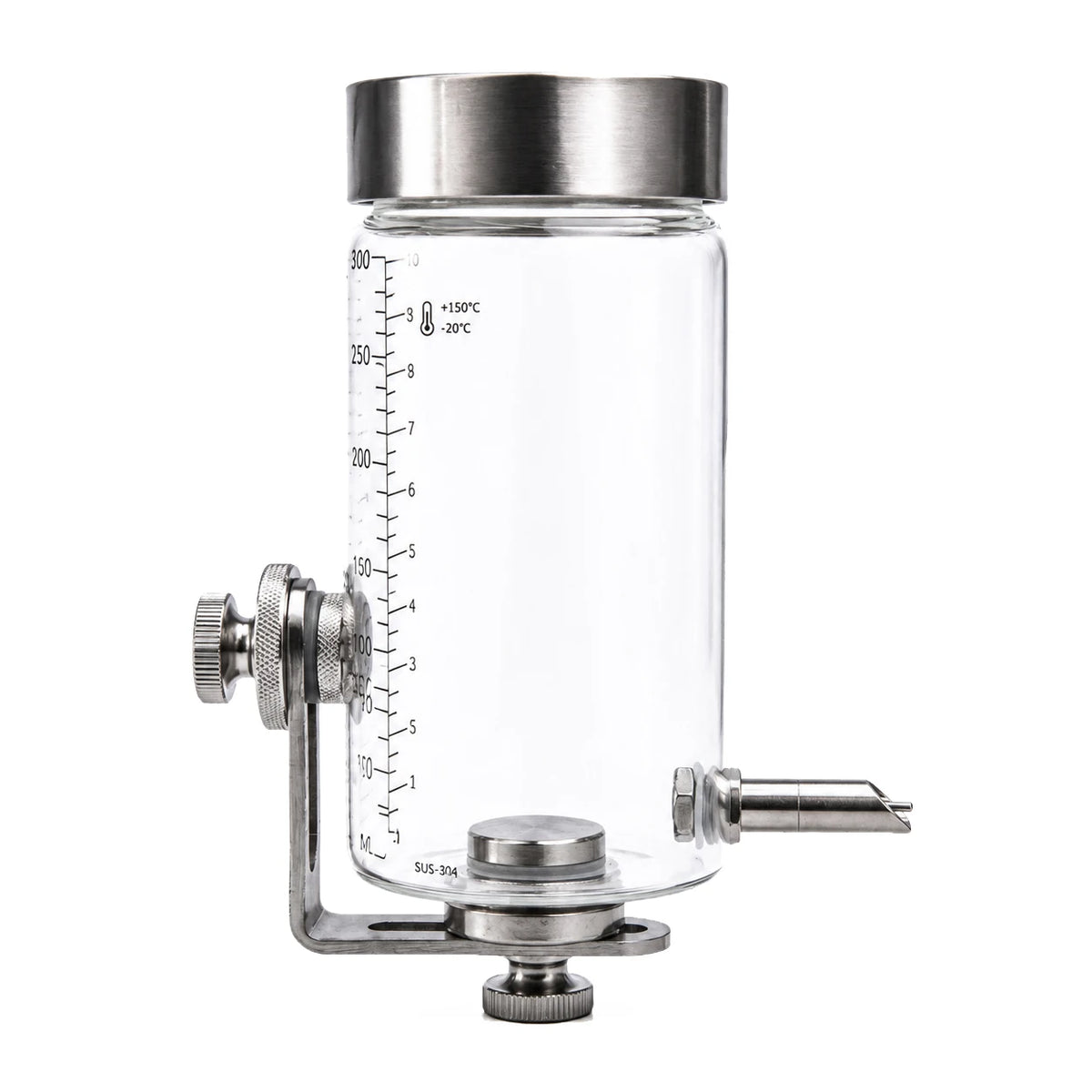 A clear glass and stainless steel bird water dispenser with a temperature gauge and a dispensing nozzle.