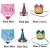 Set of pink and blue pet party headwear including bibs, hats, and crowns for dogs and cats