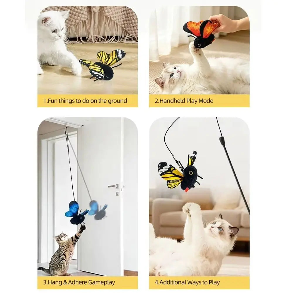A set of interactive butterfly toys for a cat, including a toy on the ground, a handheld play mode, a hang and adhere gamepla