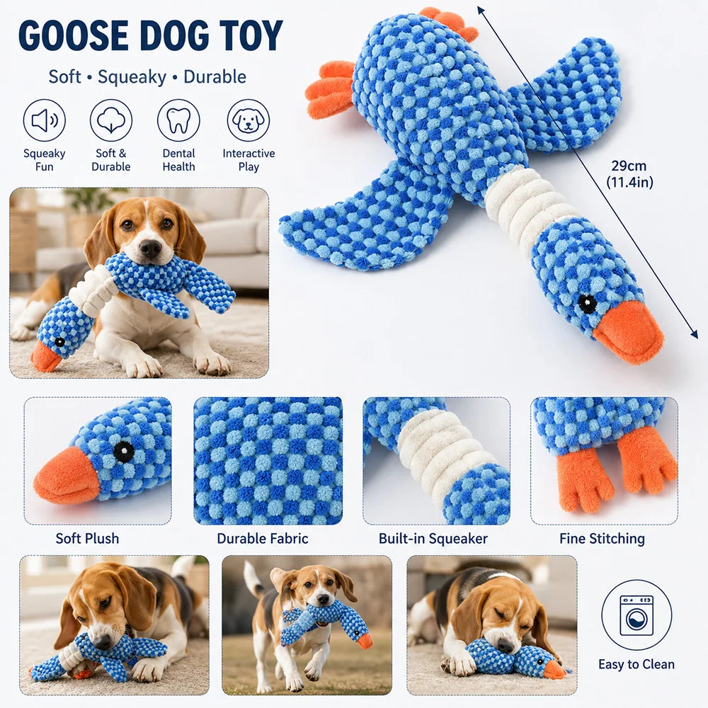 Blue goose dog toy plush chew for dogs featuring durable fabric and orange accents