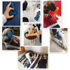 Various images showing a dog interacting with and chewing a blue squeaky rubber bone toy