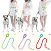 A set of adjustable hands-free dog leashes in various colors and materials shown with dogs.
