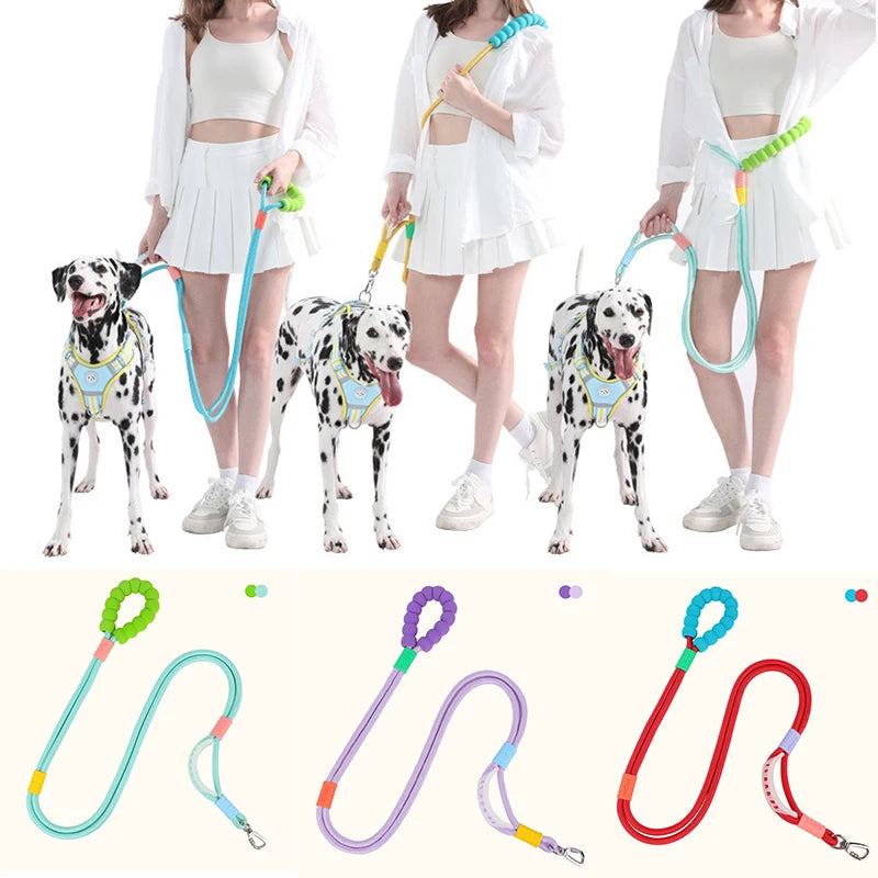 A set of adjustable hands-free dog leashes in various colors and materials shown with dogs.
