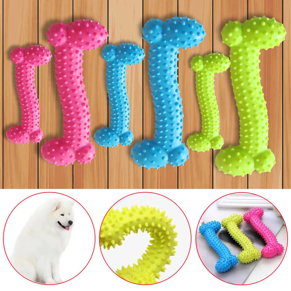 A set of colorful bone-shaped dog chew toys in pink, blue, and green, shown next to a white dog and yellow bone-shaped toy.
