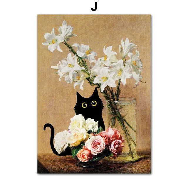 A still life painting featuring white blossoms, a black cat, and pink roses in a glass vase.