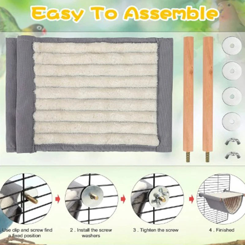 Easy to assemble cozy fleece bird hammock with wooden rods and clip for parrots