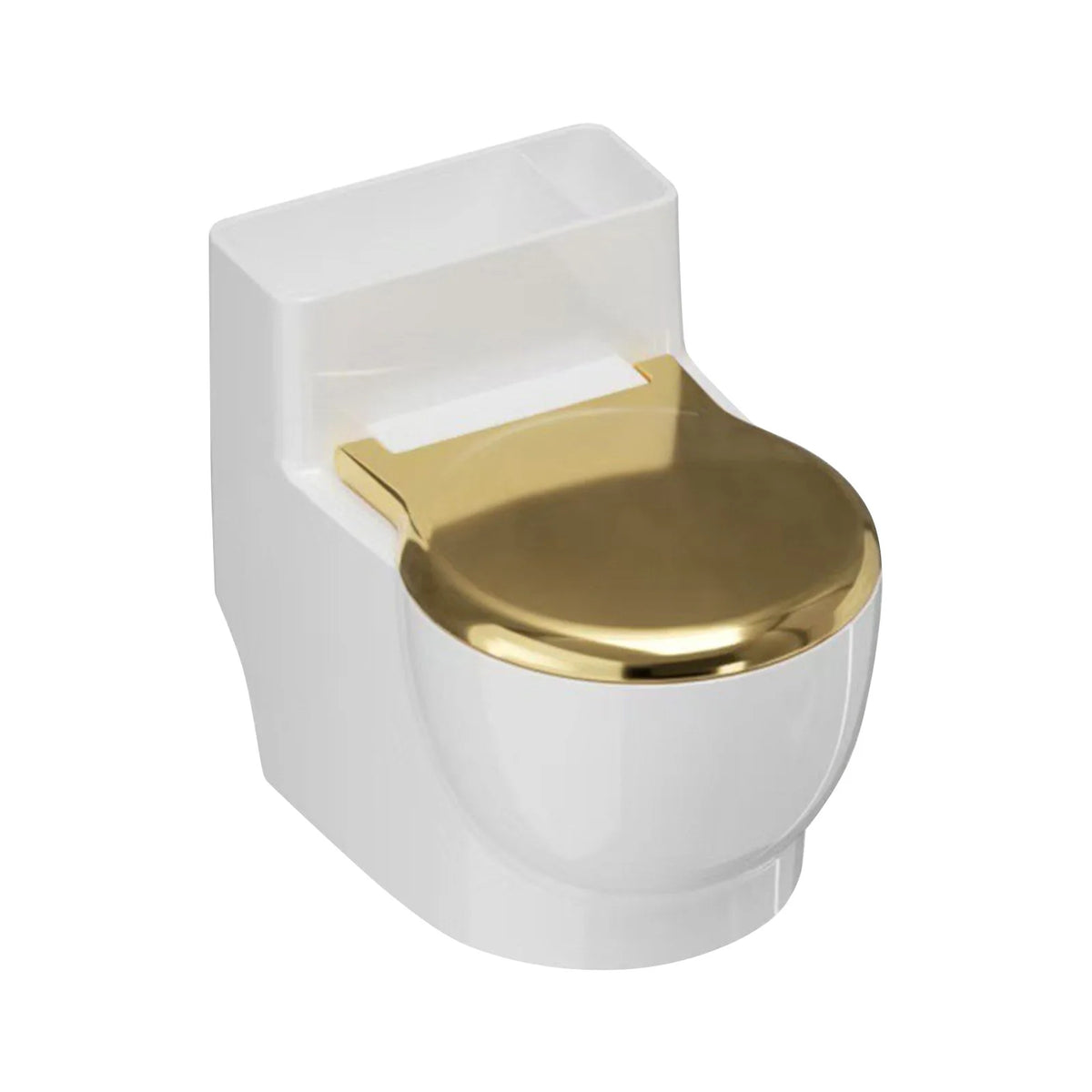 A white toilet-shaped cat water bowl with a gold-colored lid.
