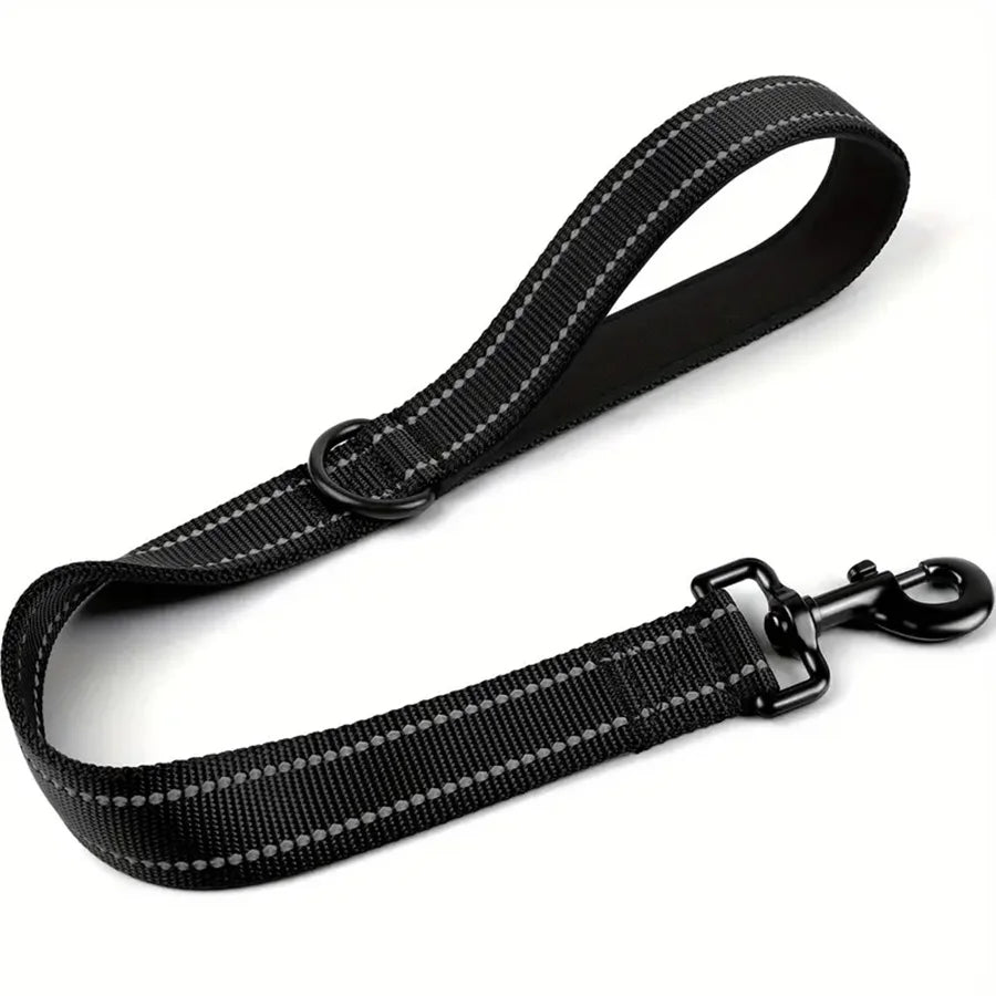 Black heavy-duty short dog leash with a padded handle and reflective threads