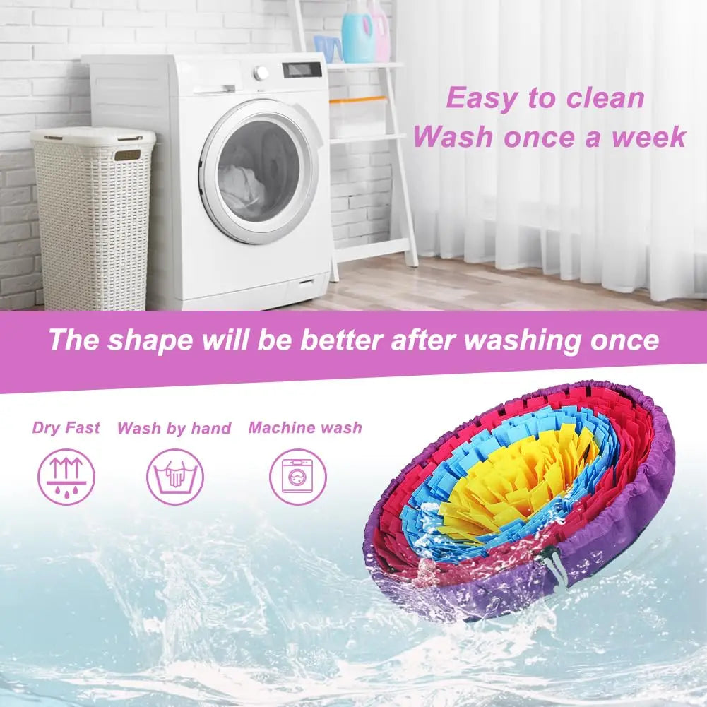A purple snuffle mat filled with fabric is shown being washed in water.