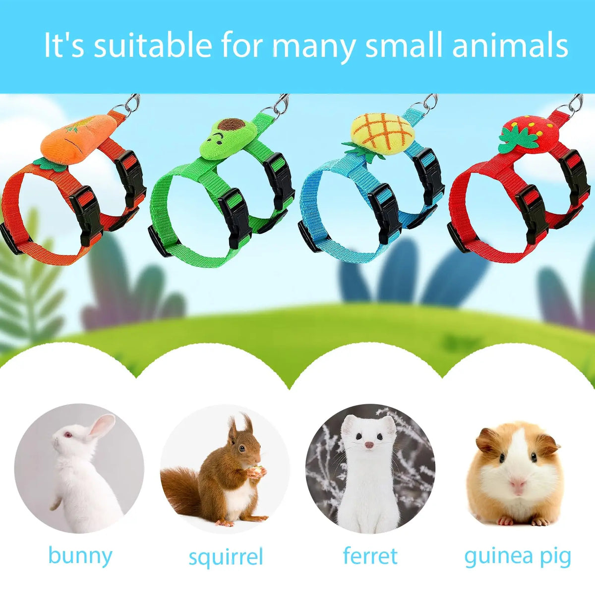 A set of adjustable pet harnesses for small animals including bunny, squirrel, ferret, and guinea pig.