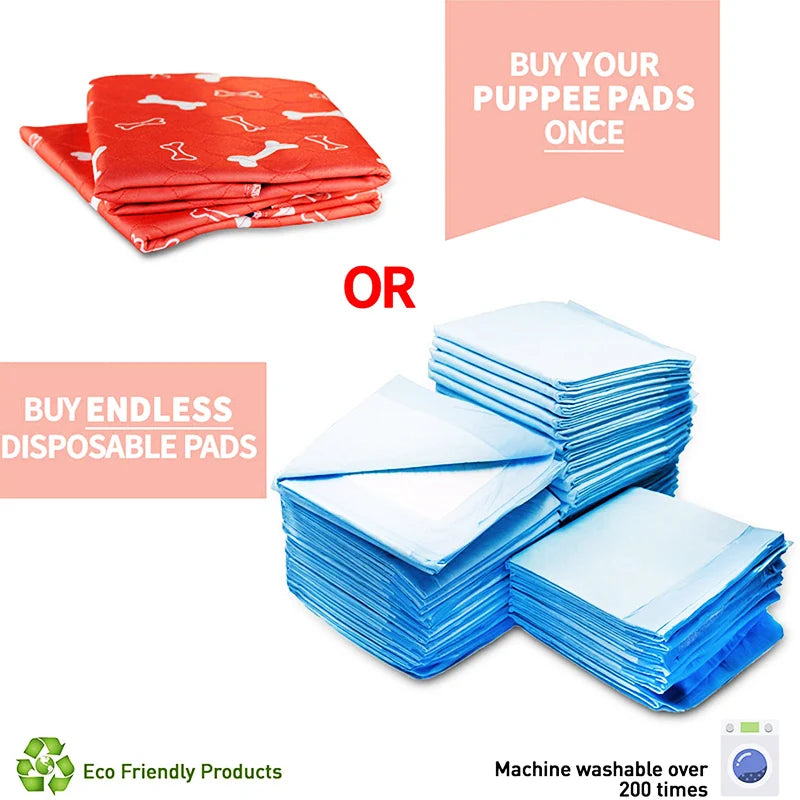 Red reusable dog pee pads and blue disposable puppy pads are shown for purchase options.