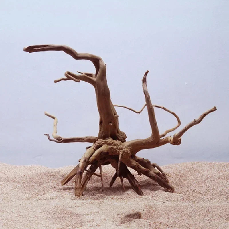 Ein Stück Treibholz mit knorrigen Ästen liegt auf hellem rosa Sand vor einem blassen Himmel.