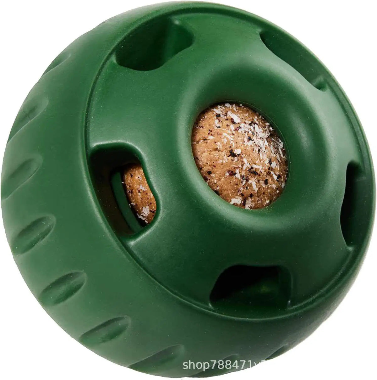 A green interactive treat dispensing dog toy with a central compartment for food.