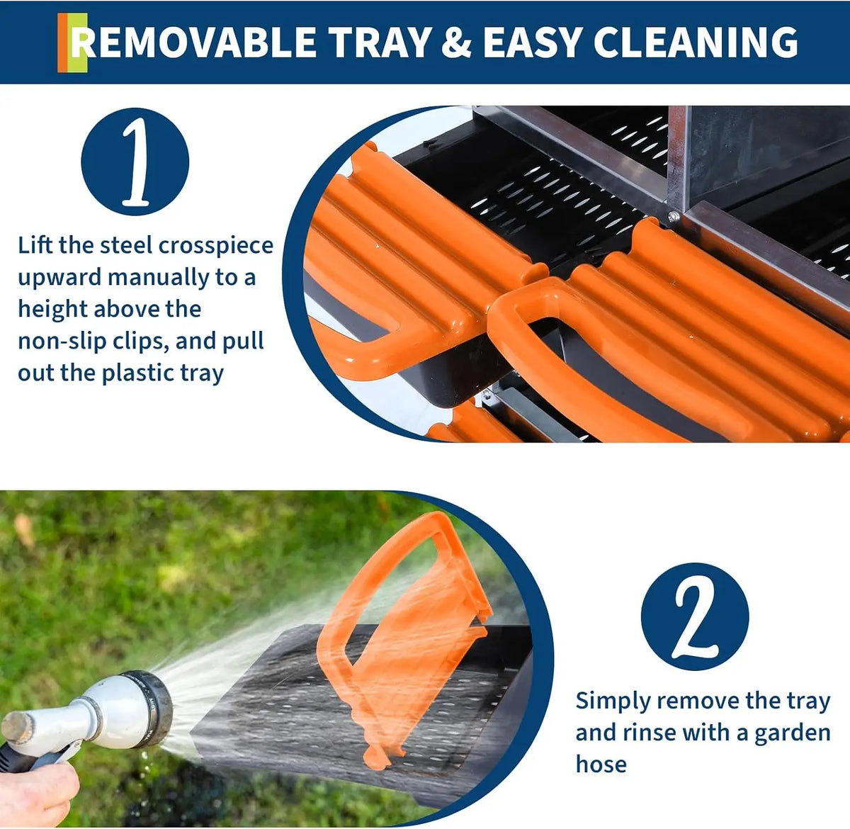 Instructions show how to remove a plastic tray from a metal box and rinse it with a garden hose.