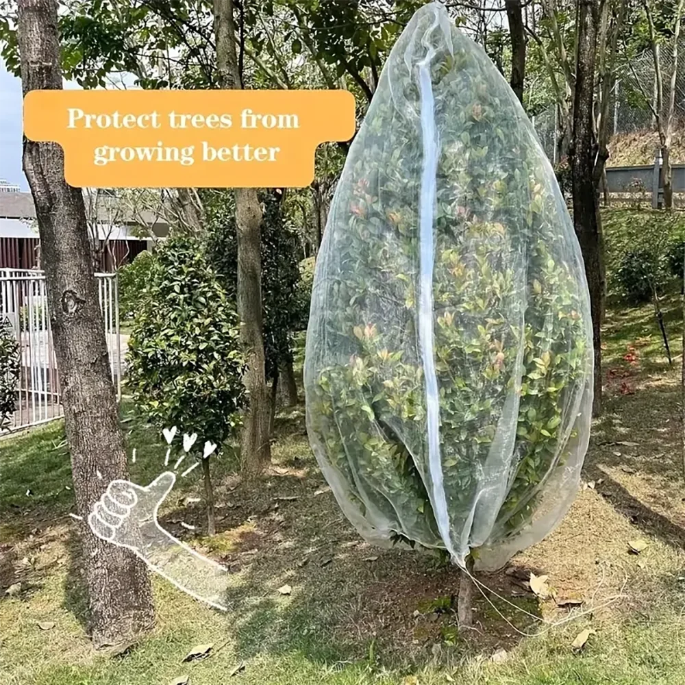 Extra-thick garden netting with a zipper and drawstring protecting a tree from pests.