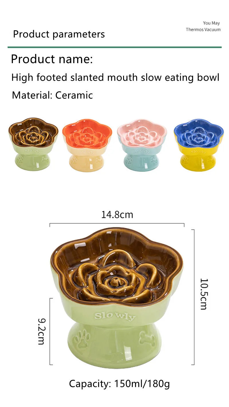Elevated Ceramic Slow Feeder Bowl for Cats and Small Dogs