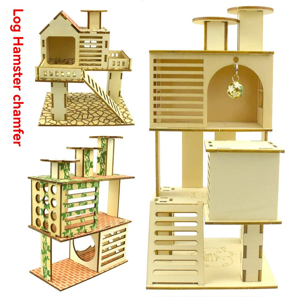 A wooden hamster chamber set featuring a house structure, ladder, platform, and nesting areas.