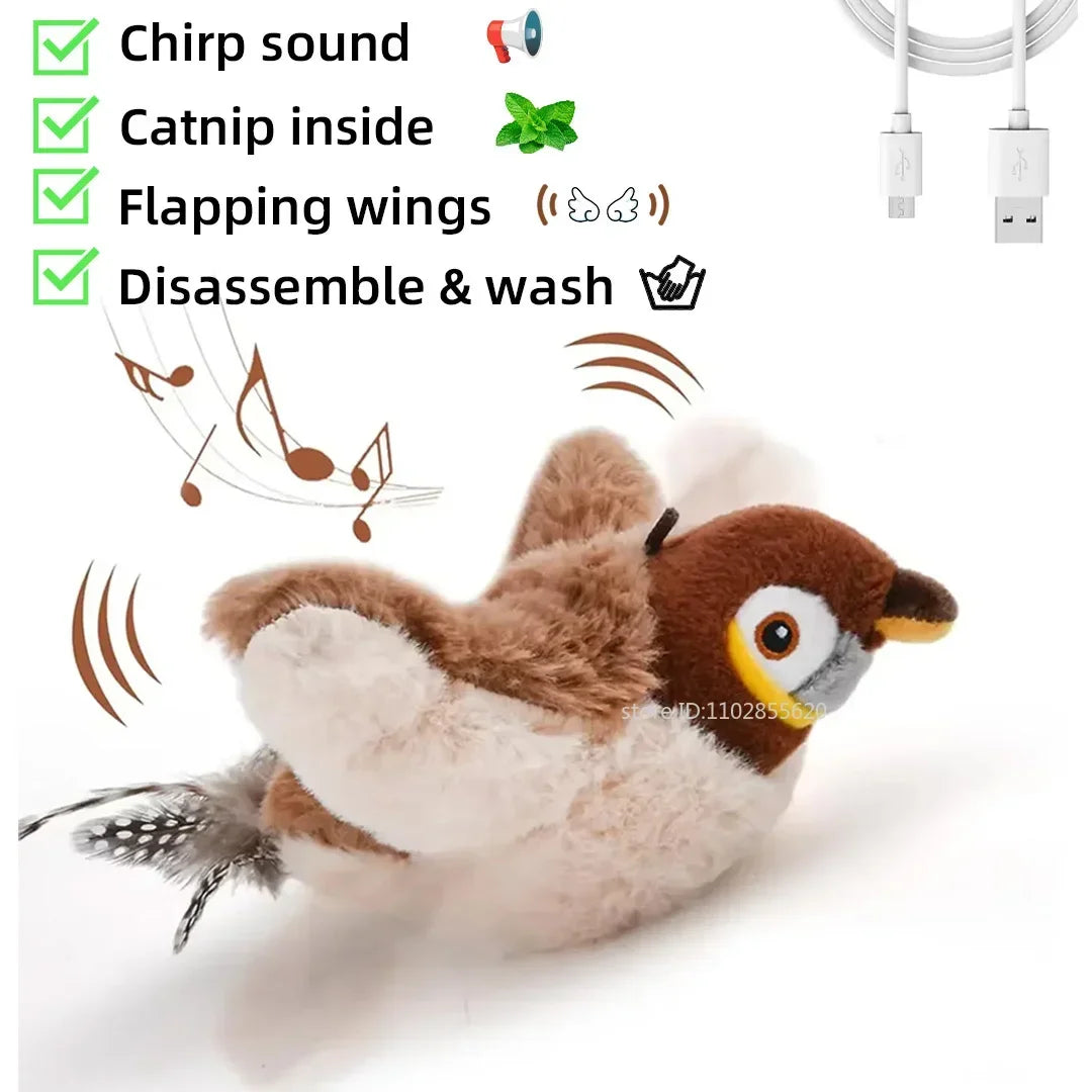 Jouet pour chat en forme d'oiseau, brun et blanc, avec un œil, fait un bruit de chant et contient de la catnip.