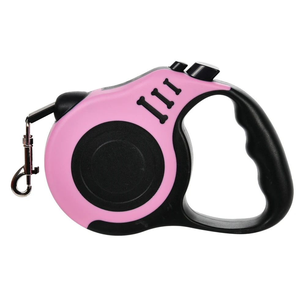 Pink and black retractable dog leash with a black handle and silver clip.