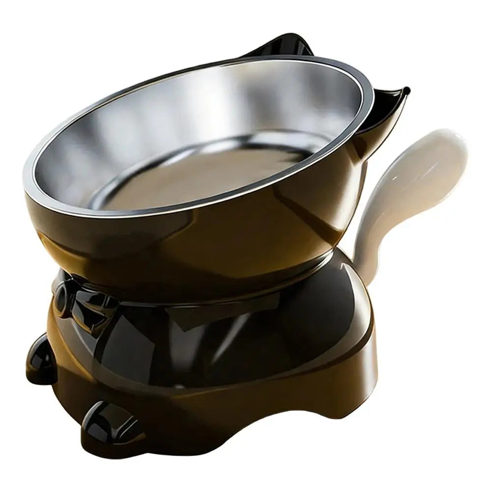A brown ceramic elevated cat bowl with a stainless steel insert and a light-colored handle.