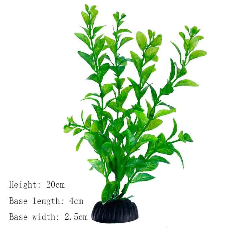 A vibrant green artificial aquarium plant with a height of 20cm and base dimensions of 4cm length by 2.5cm width.