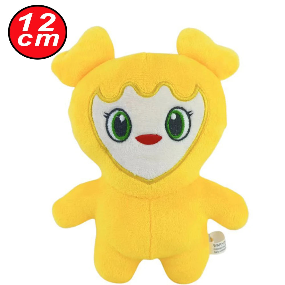 A yellow plush toy resembling a cartoon character with large eyes and pointed ears.