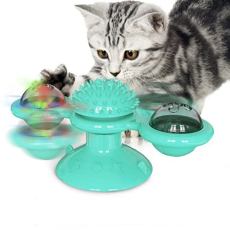Un chaton tigré interagit avec un jouet de chat en éolienne en plastique bleu sarcelle.