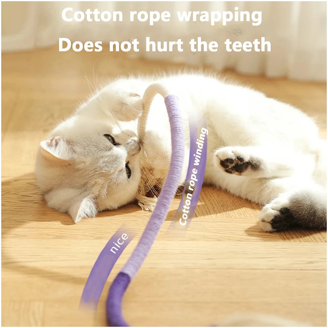 A white cat is wrapped in a purple cotton rope toy, demonstrating that it does not hurt the teeth.