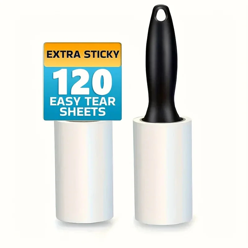 A black lint roller with a blue and yellow label indicating extra sticky sheets for pet hair removal.