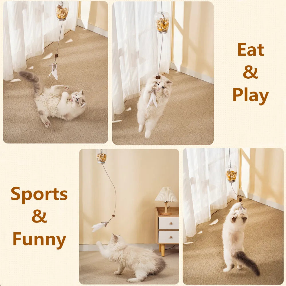 Eine Katze spielt mit einem interaktiven Spielzeug, das Federn und Leckerlis auf einem Teppich ausgibt.
