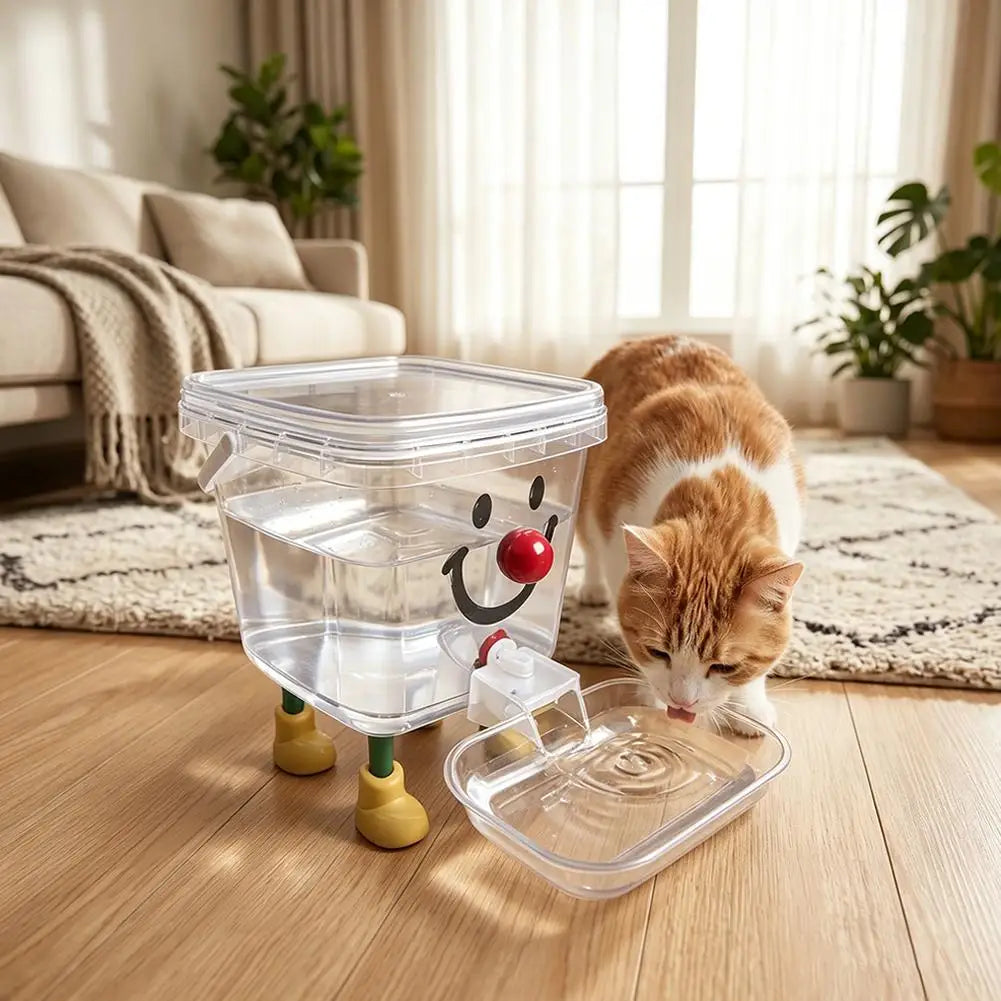 A clear plastic automatic gravity pet water fountain with a smiling face sits on a wooden floor next to an orange tabby cat.