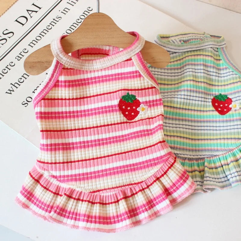 Summer Suspender Dog Dress - Striped Strawberry Print