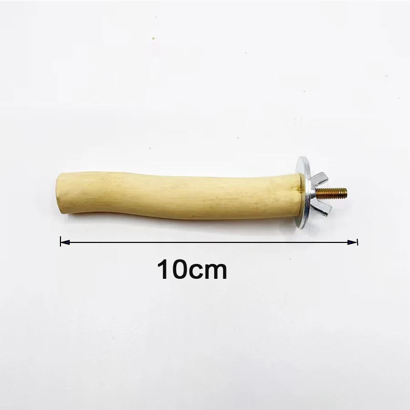 A light-colored natural wood bird perch and chew toy with a metal attachment.