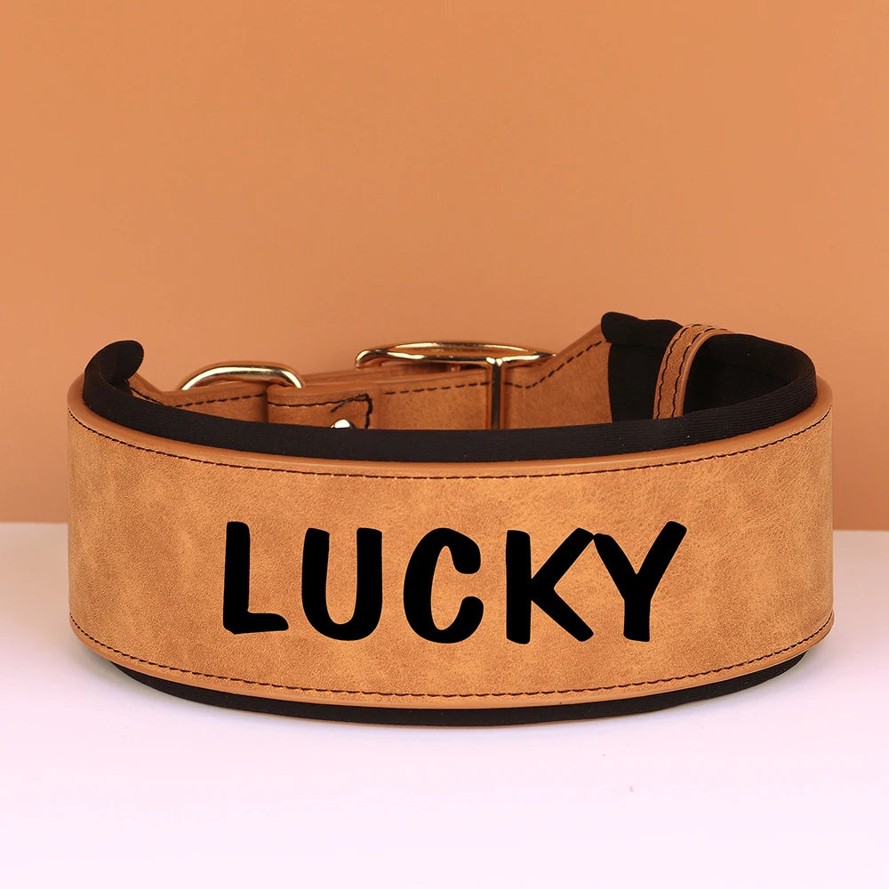 A brown PU leather dog collar with the name LUCKY embossed on the outside.